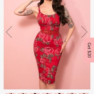 Red Floral Midi Dress with Belt